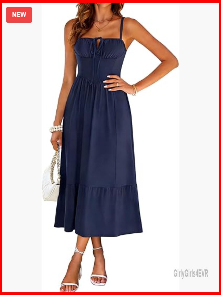 Women's Maxi Sundress With Pockets Sleeveless Tie Neck Pleated Midi Dress